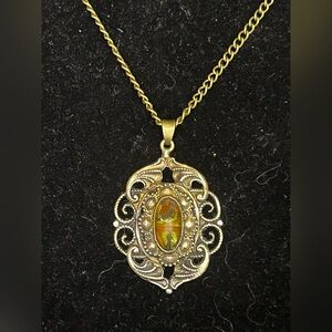 Antique-Style Gold Tone Filigree Pendant Necklace with Green Amber Cabochon
